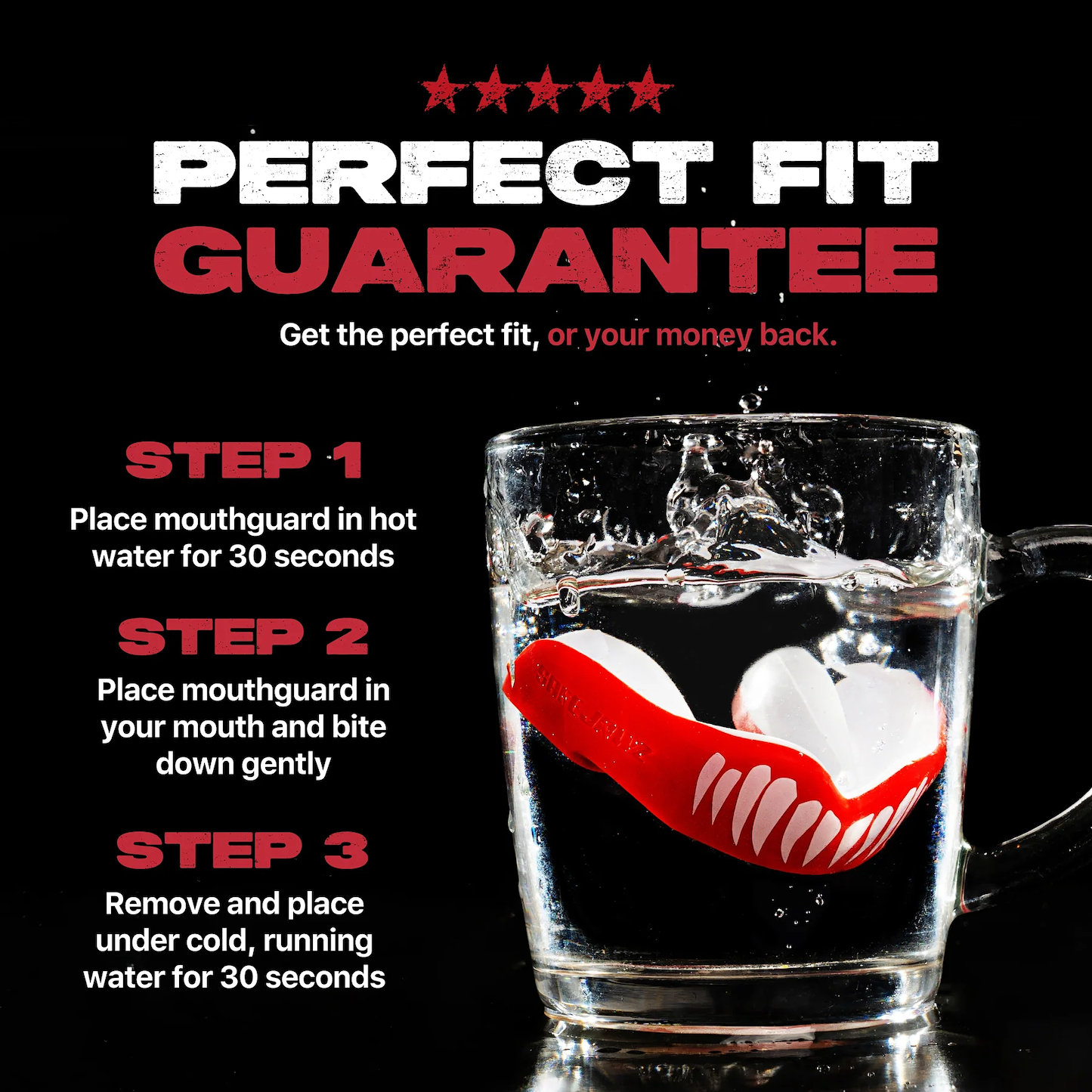 A Safejawz Extro Series Protection Mouthguard - Viper by Safejawz is placed in hot water beside fitting instructions and a bold "Perfect Fit Guarantee" headline in white and red text.
