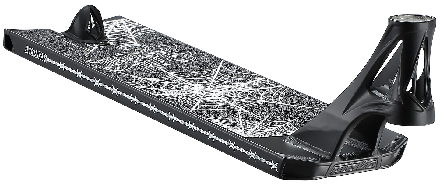 The Blunt Envy AOS V6 Will Scott Signature Stunt Scooter Deck (6.5" x 23") features a black finish, white spiderweb grip tape, barbed wire edge design, sturdy headtube, and rear brake for durability and performance.