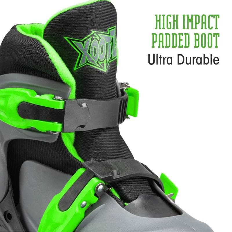 Close-up of the Xootz LED Adjustable Quad Roller Skates in black and gray with bright green padded lining and buckles. "High Impact Padded Boot Ultra Durable" text appears, with the Xootz logo on the tongue—great kids skates.