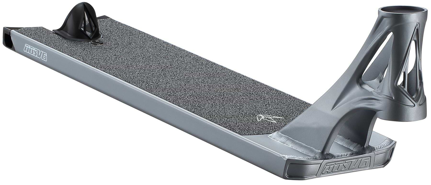 A close-up of the Blunt Envy AOS V6 Squad Grey Stunt Scooter Deck (5.5" x 22") shows its textured grip, angled neck, and integrated rear wheel guard.