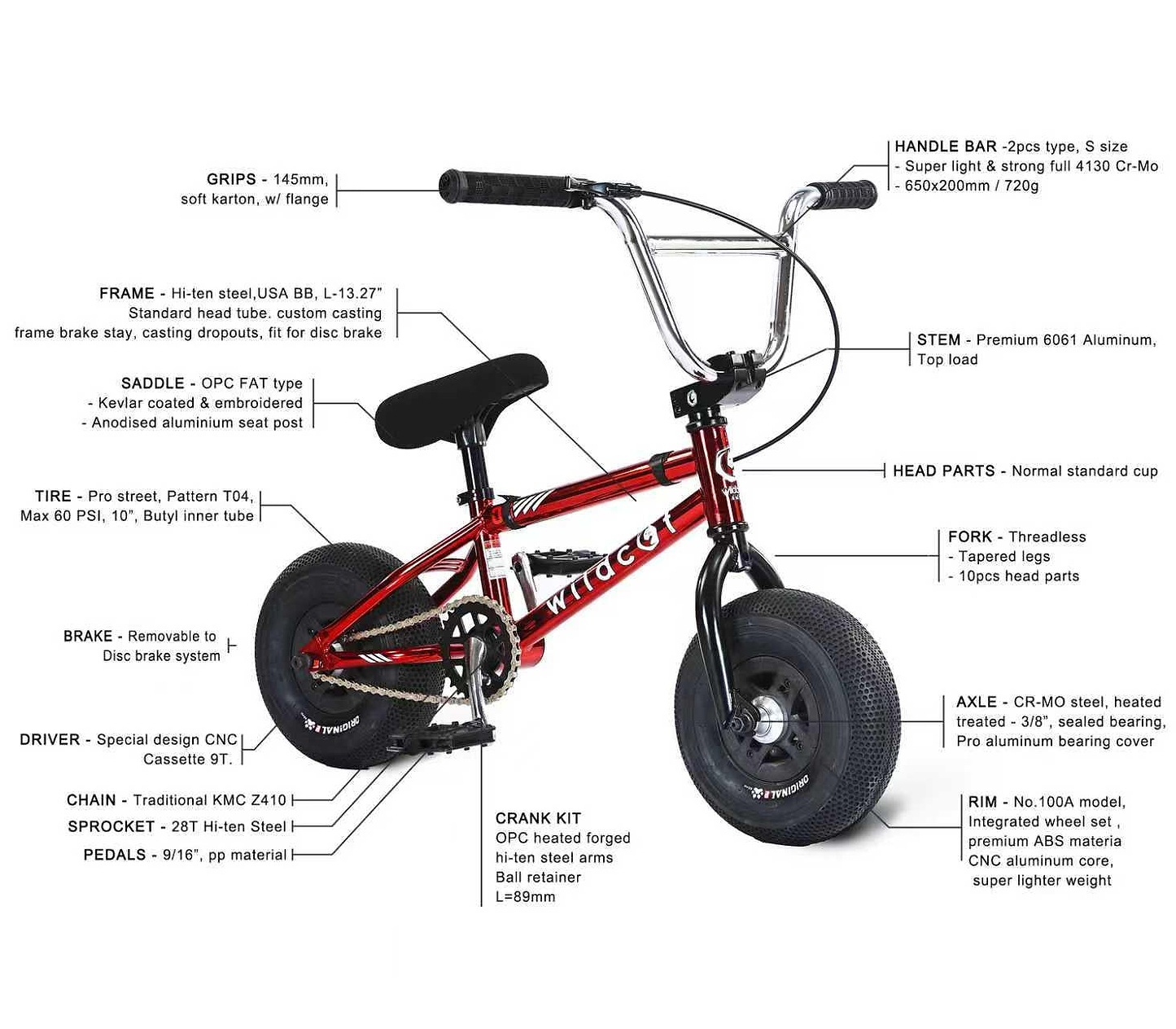 The Wildcat OG 3A Mini BMX Bike - Royal Red Bull by Wildcat features chromoly steel handlebars, PRO Street 65PSI tires, and labeled parts including grips, seat, frame, pedals, crank, chain, fork, axle, and stem—all with technical specs.