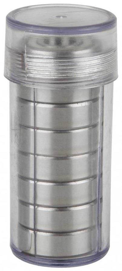 A transparent plastic cylindrical container with a clear lid holds shiny, round metal magnets that resemble Sushi Chrome ABEC 7 Skateboard Bearings - 8 Pack by Sushi, showcasing them like precision bearings.