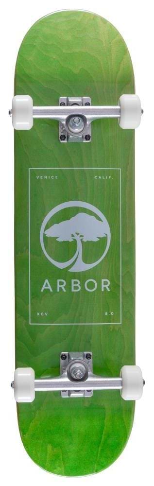 The Arbor Street Logo Green Complete Skateboard (8" x 31.75") features a large white Arbor logo and "Venice Calif" tree graphic on the deck, white wheels and trucks—ideal for street riders.
