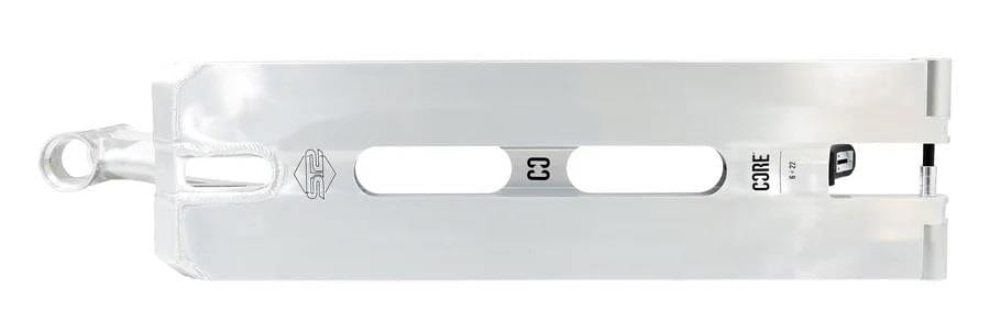 Introducing the CORE ST2 Forged Polished Street Stunt Scooter Deck, measuring 6" x 22". This deck is crafted with a sleek minimalist design ideal for street riding. It features two rectangular cutouts in the center and highlights the CORE brand logo with "C3RE" on one side. The polished metallic finish and forged headtube enhance its overall aesthetics, while the rear wheel slot adds functionality.