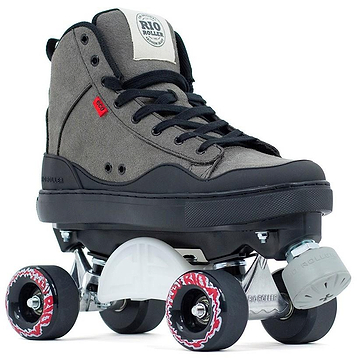 The Rio Roller Ramp Quad Roller Skates - Grey by Rio Roller feature a gray and black high-top design with red and white wheels, black laces, and a toe stop—ideal for skaters seeking stylish, sustainable skates.