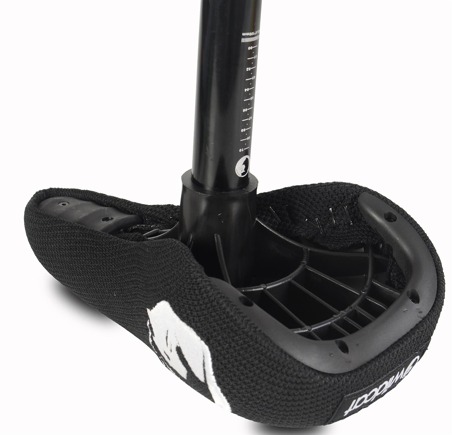 Close-up of a Wildcat OG 3A Mini BMX Bike - Galaxy Blue seat with textured cover, visible stitching, partial graphic design, and measured seatpost—ideal for riders looking for quality from the Wildcat brand.