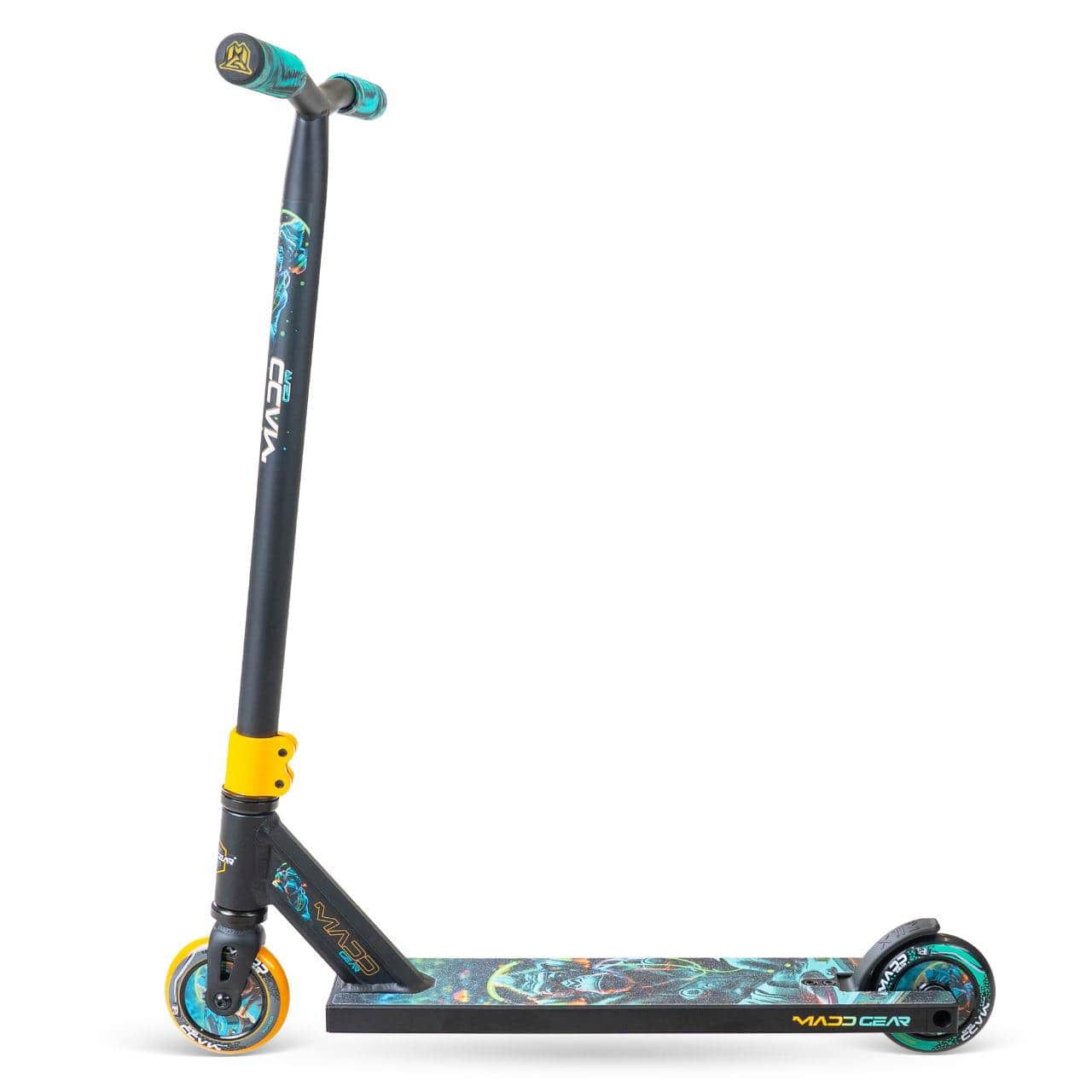The Madd Gear MG 2 Obsidian Complete Stunt Scooter - DJ Rilla is a black and teal pro scooter with yellow accents, vibrant graphics on the deck and wheels, high-speed ABEC-5 chrome bearings, and the Madd Gear (MGP) logo on the side.