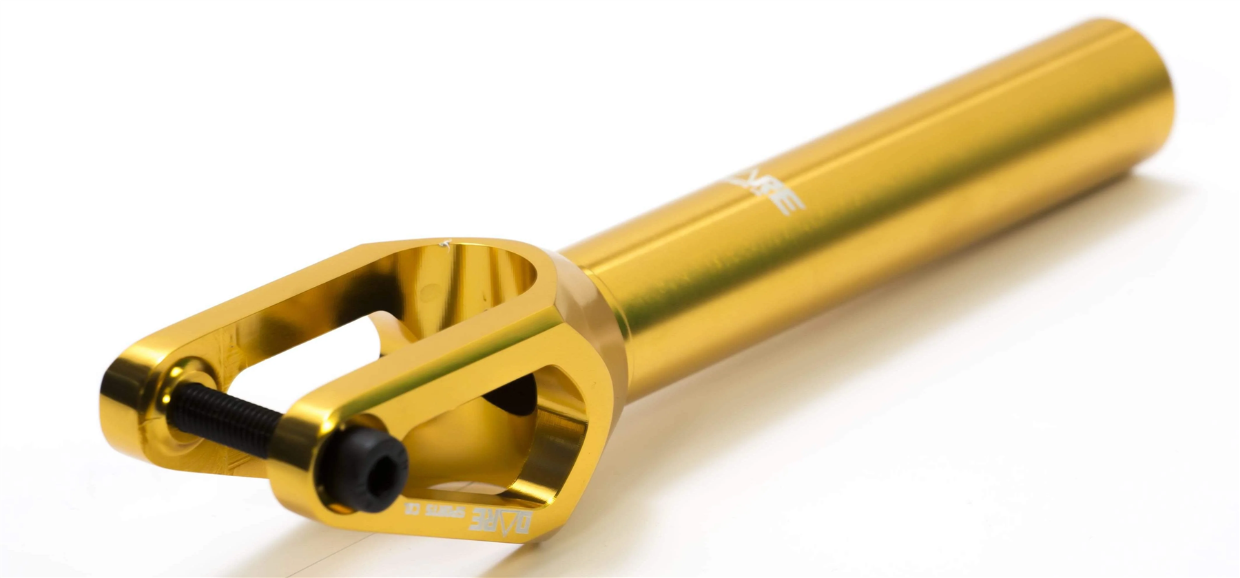 The Dare Dimension IHC Stunt Scooter Forks - Gold by Dare feature CNC-machined aluminium, a cylindrical handle, open pronged end, and are secured with a black bolt—compatible with IHC compression systems.