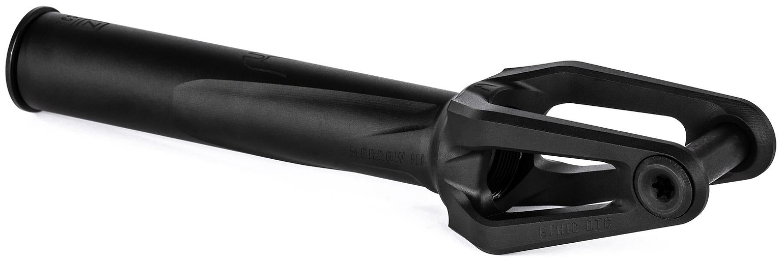 The Ethic DTC Merrow V3 8/12STD SCS Stunt Scooter Forks in black offer a modern, sleek design with a cylindrical tube and open forked end for wheel attachment—ideal for stunt scooters from Ethic.