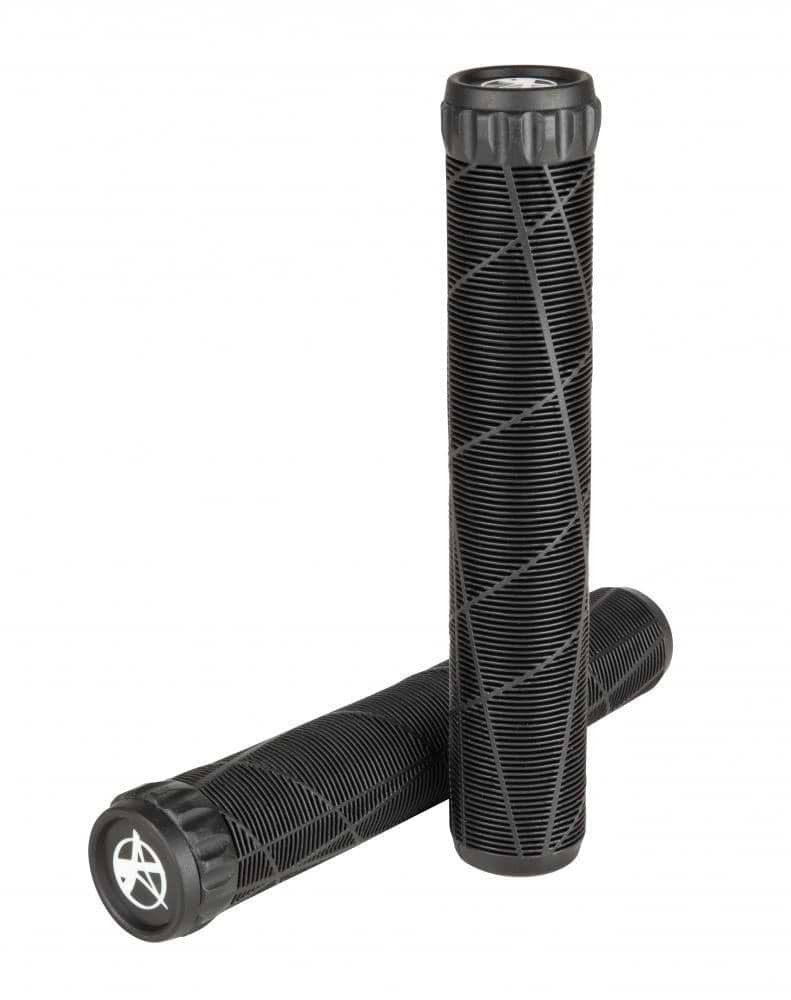Two Addict OG Black Stunt Scooter Grips (180mm) made from super soft TPR feature diagonal textures. One grip stands upright, the other is horizontal, both showing end caps with a white Addict logo for comfort and style.