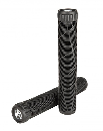 Two Addict OG Black Stunt Scooter Grips (180mm) made from super soft TPR feature diagonal textures. One grip stands upright, the other is horizontal, both showing end caps with a white Addict logo for comfort and style.