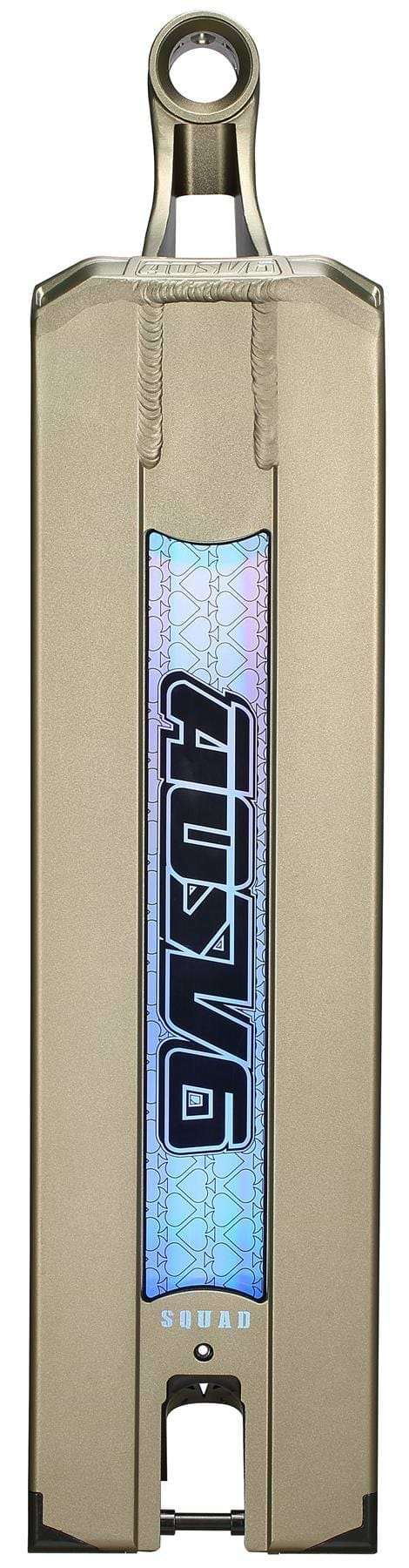 The Blunt Envy AOS V6 Squad Olive Stunt Scooter Deck (6" x 22") features an olive finish with an iridescent "SQUAD" strip, rear cutout, and welded front handle mount—offering both stylish looks and top performance for riders.