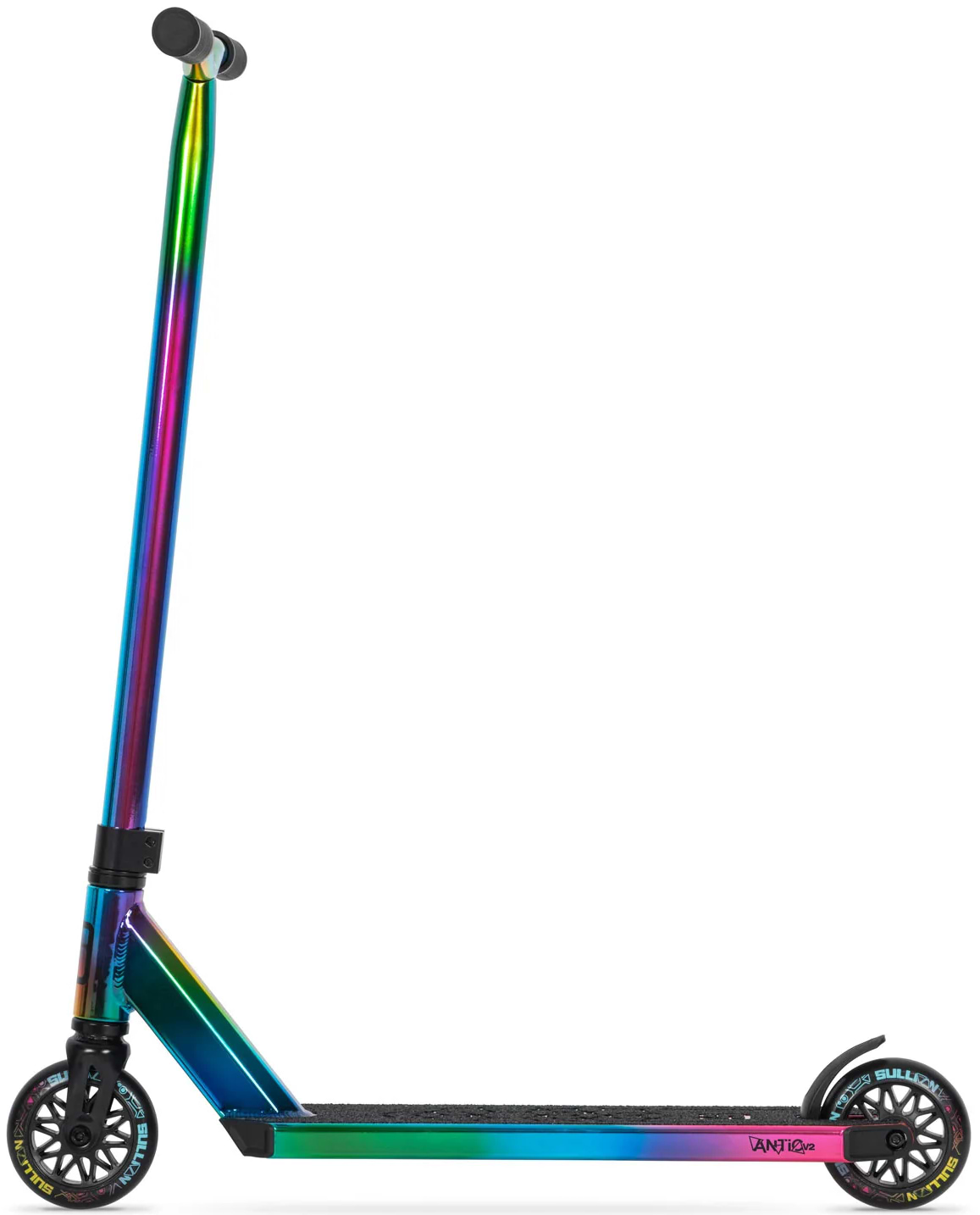 The Sullivan Antic V2 Complete Stunt Scooter in Oil Slick Neochrome features black handlebars, wheels, and deck grip, shown from the side against a white background.