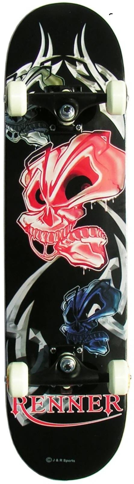 The Renner A16 JAX Extreme Complete Skateboard (7.75" x 31") features white wheels, a black deck with red and white skull art, metallic antler accents, and bold red "RENNER"—ideal for beginners.