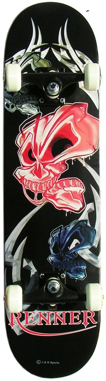 The Renner A16 JAX Extreme Complete Skateboard (7.75" x 31") features white wheels, a black deck with red and white skull art, metallic antler accents, and bold red "RENNER"—ideal for beginners.