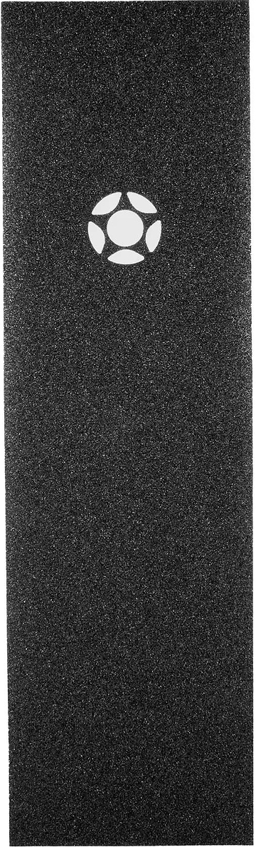 The Proto Logo Stunt Scooter Griptape - Black features a textured black surface with a minimalist white circular cut-out and five ovals design, ideal for stunt scooter riders who appreciate Proto’s sleek branding.