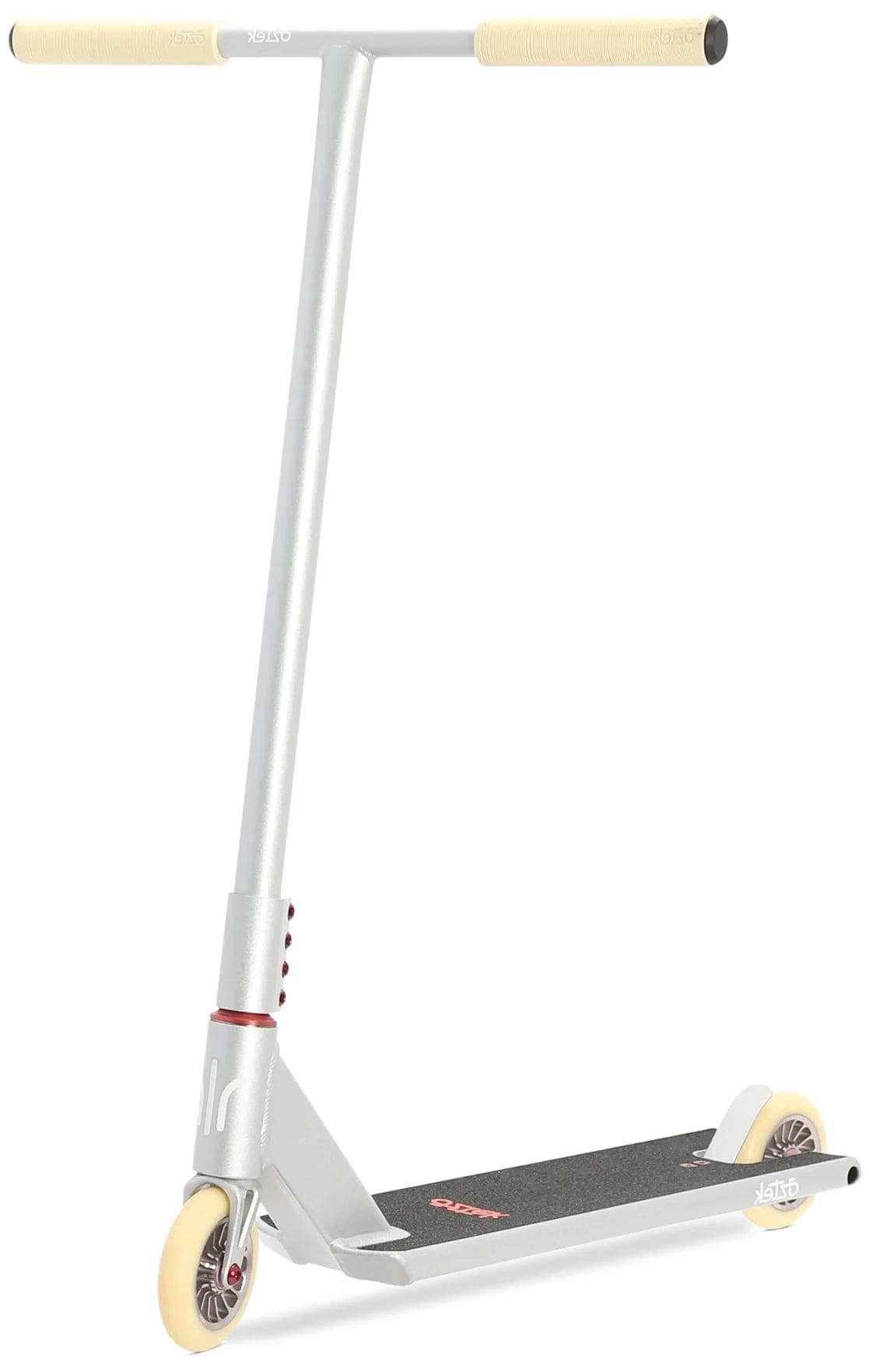 The Aztek Architect 2 Complete Stunt Scooter - Platinum Silver features cream handle grips and wheels, black grip tape on the deck, and a minimalist, streamlined design, making it an ideal street scooter.