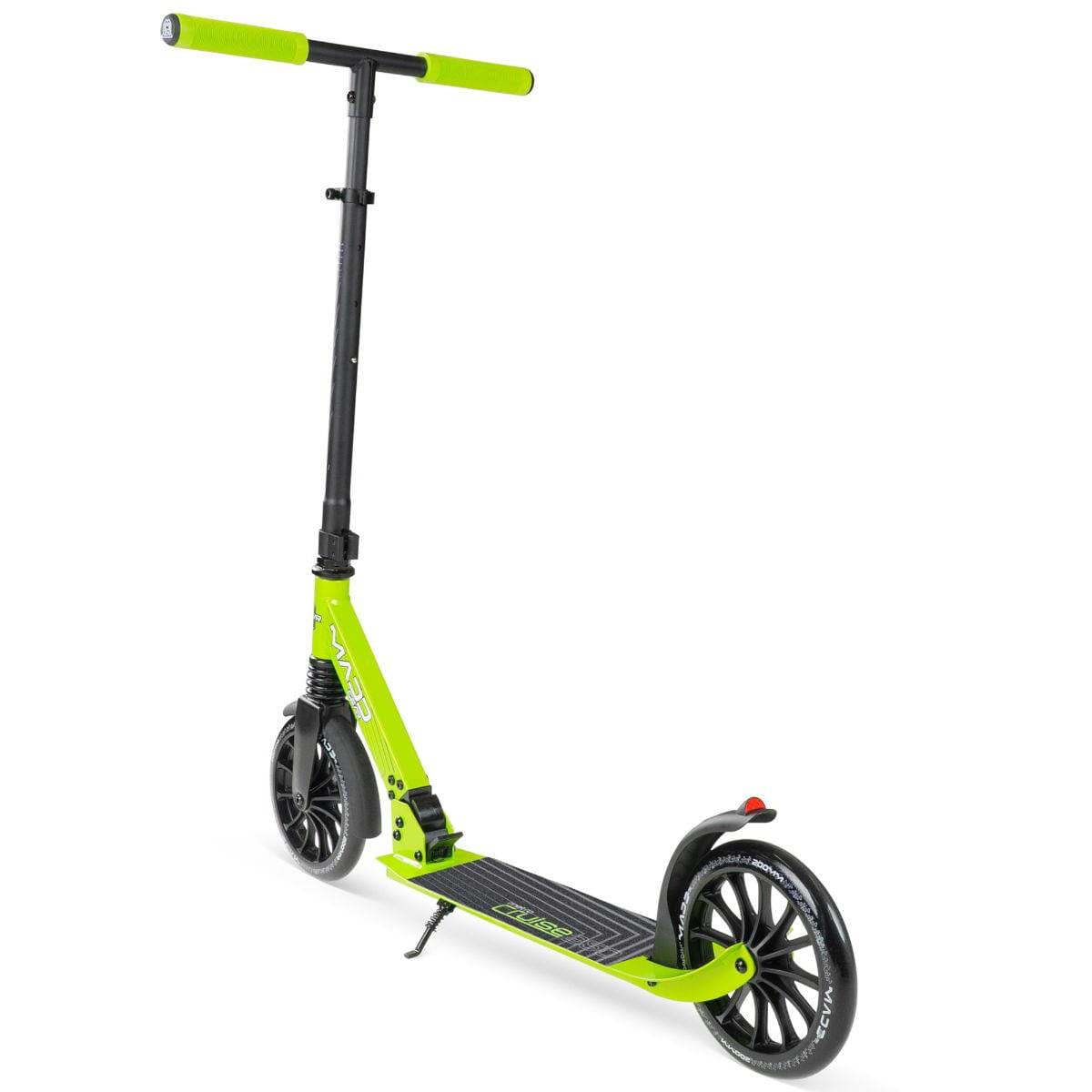 The Madd Gear Metro Cruise 250 Foldable Commuter Scooter by MGP in Black/Lime has large wheels, a black deck, green handlebars, and adjustable height, shown against a white background.