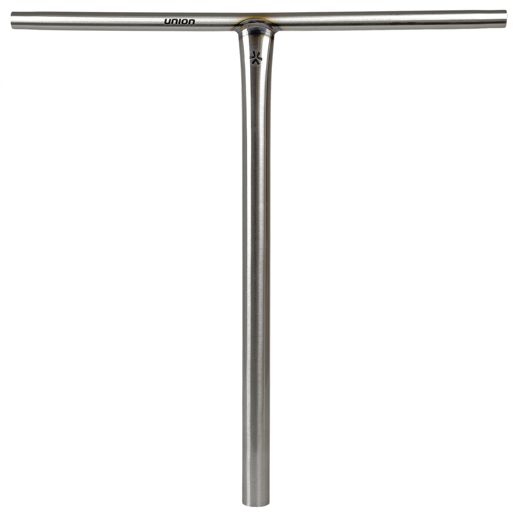 The Union Uniq T Steel Oversized HIC Stunt Scooter Bar in silver (600mm x 580mm) by Union features a T-shaped Chromoly Steel design with "union" printed near the top left and a small logo at the center—perfect as an HIC T bar for your stunt scooter.