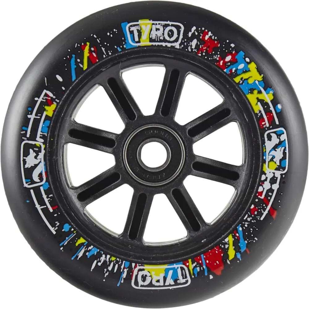 The Longway Tyro 110mm Nylon Core Scooter Wheel - Black by Longway features a nylon core, central bearing, "TYRO" printed twice on the edge, and splatters of white, red, yellow, and blue paint.