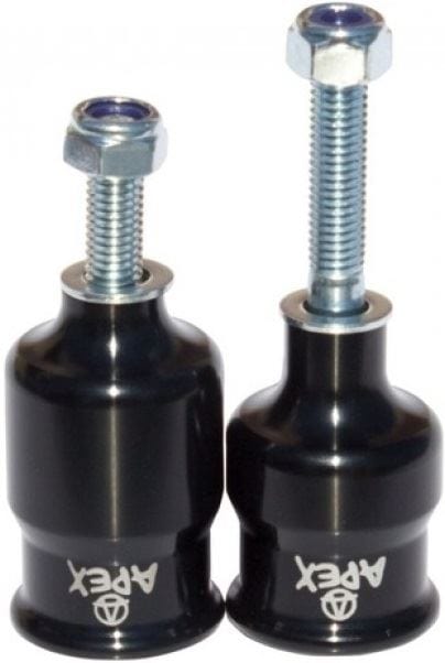 The Apex Coopegs Stunt Scooter Pegs in black are ideal for stunt scooter enthusiasts, featuring the word "Apex" prominently displayed. Each peg is designed with a bolt protruding from the top, secured by a silver hexagonal nut. The cylindrical design and rail control enhance rider stability during tricks.