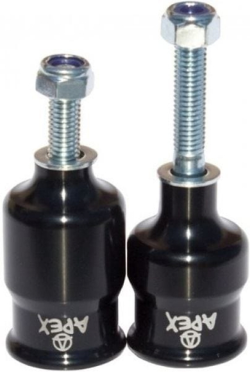 The Apex Coopegs Stunt Scooter Pegs in black are ideal for stunt scooter enthusiasts, featuring the word "Apex" prominently displayed. Each peg is designed with a bolt protruding from the top, secured by a silver hexagonal nut. The cylindrical design and rail control enhance rider stability during tricks.