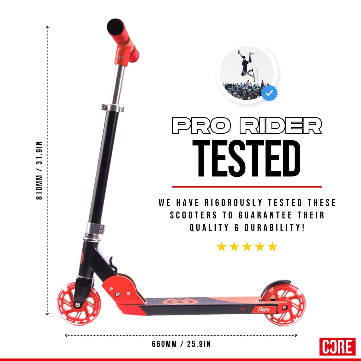 Image of the CORE Foldy Kids LED Foldable Kick Scooter in black and red, showcasing "Pro Rider Tested" text and claims of rigorous quality and durability testing. It features a 700mm/27.5in height, 660mm/25.9in length, adjustable handlebar, and LED wheels.