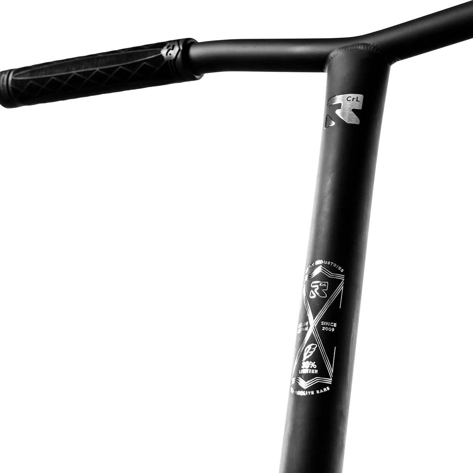 Close-up of the Root Industries Invictus V3 Complete Stunt Scooter - Black Mirror handlebar and stem, showing a geometric logo and "CRL" text on matte black metal. White background highlights every detail—ideal for 120mm Honeycore wheels.
