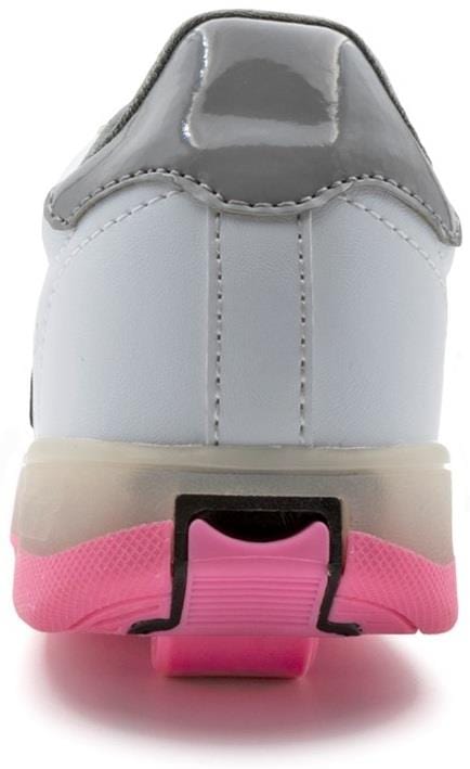 A close-up rear view of the Breezy Rollers Blast Shoes - Pink by Breezy Rollers highlights the shiny gray heel, pink sole, and patented retractable wheel system under the heel.