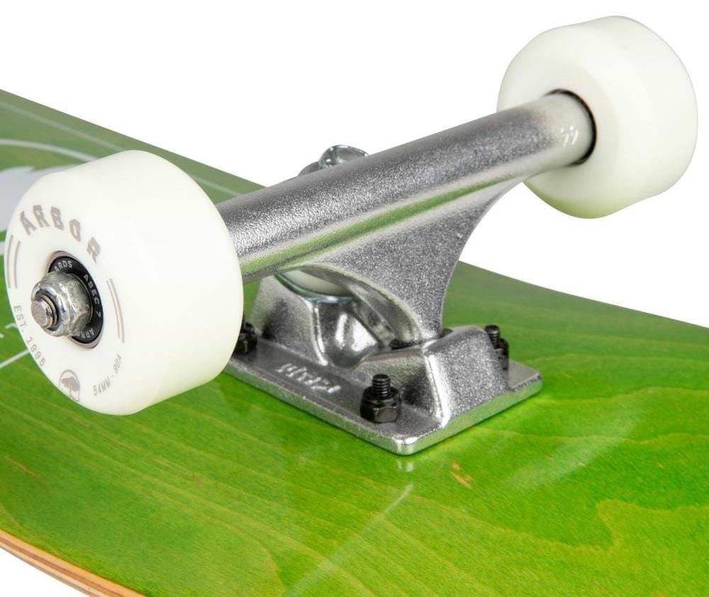 Close-up of Arbor Street Logo Green Complete Skateboard (8" x 31.75") showing the skateboard truck, white wheel, metal hardware, and grain texture on the green Canadian maple deck by Arbor.