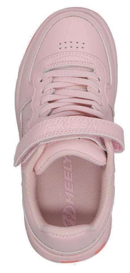 A top view of the Heelys Rezerve X2 Girls Shoes in Light Pink / Pink Confetti, featuring laces, a hook-and-loop strap, and “HEEL” on the insole—perfect for beginner skaters and girls' shoe collections.