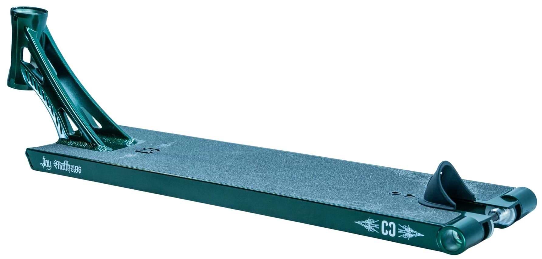 The CORE ST3 Forged Green J.Matthews Signature Street Stunt Scooter Deck (6.5" x 22.5") features a textured grip surface, angled headtube, signature cutout front design, and white CORE logos and graphics on the side.