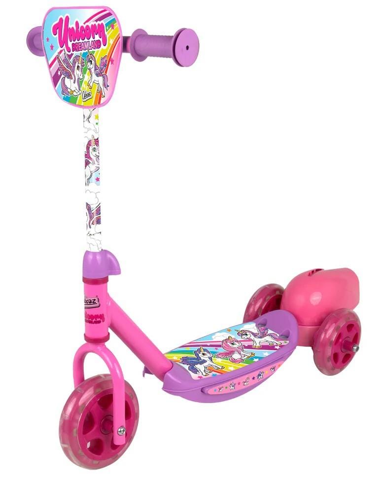 The Ozbozz Unicorn Bubble Kids Tri Scooter in pink and white features three wheels, colorful unicorn graphics, and "Unicorn Dreamland" on the front panel—perfect for little unicorn fans.