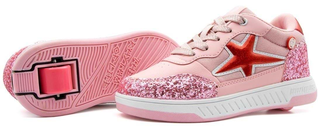 The Breezy Rollers Star Shoes - Pink by Breezy Rollers feature pink glitter on the toe and heel, a metallic red star on the side, and a patented wheel system in the sole for easy walking or rolling.
