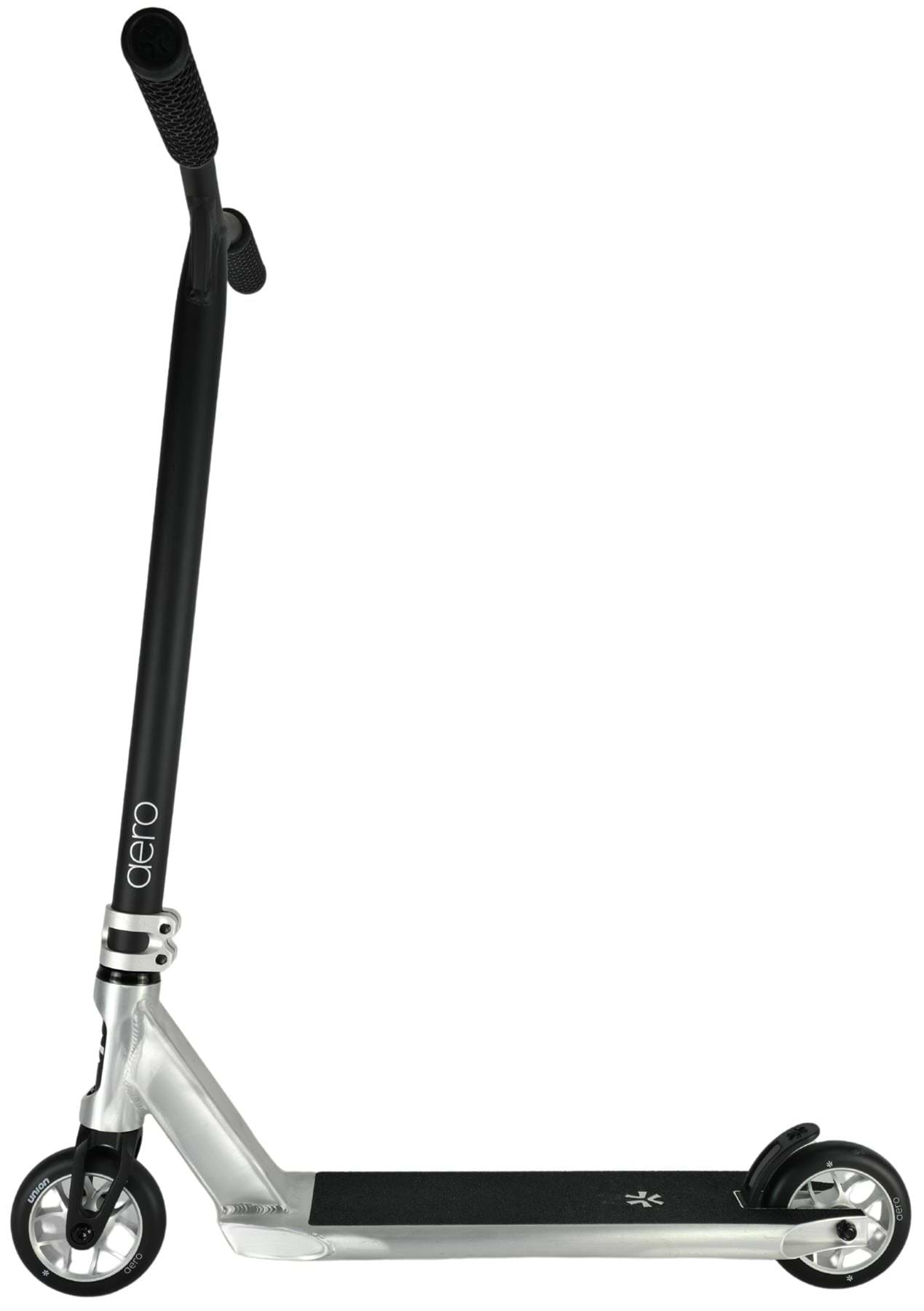 The Union Aero Complete Stunt Scooter by Union features a black handlebar, black grips, two small black and silver wheels, and a wide textured deck in black/raw. This lightweight stunt scooter is displayed on a white background.