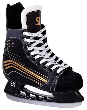 The Supreme Ice Hockey Skates in black with gold accents and white laces, featuring a silver blade, are perfect for beginners seeking comfortable hockey skates. Shown from the side on a white background.