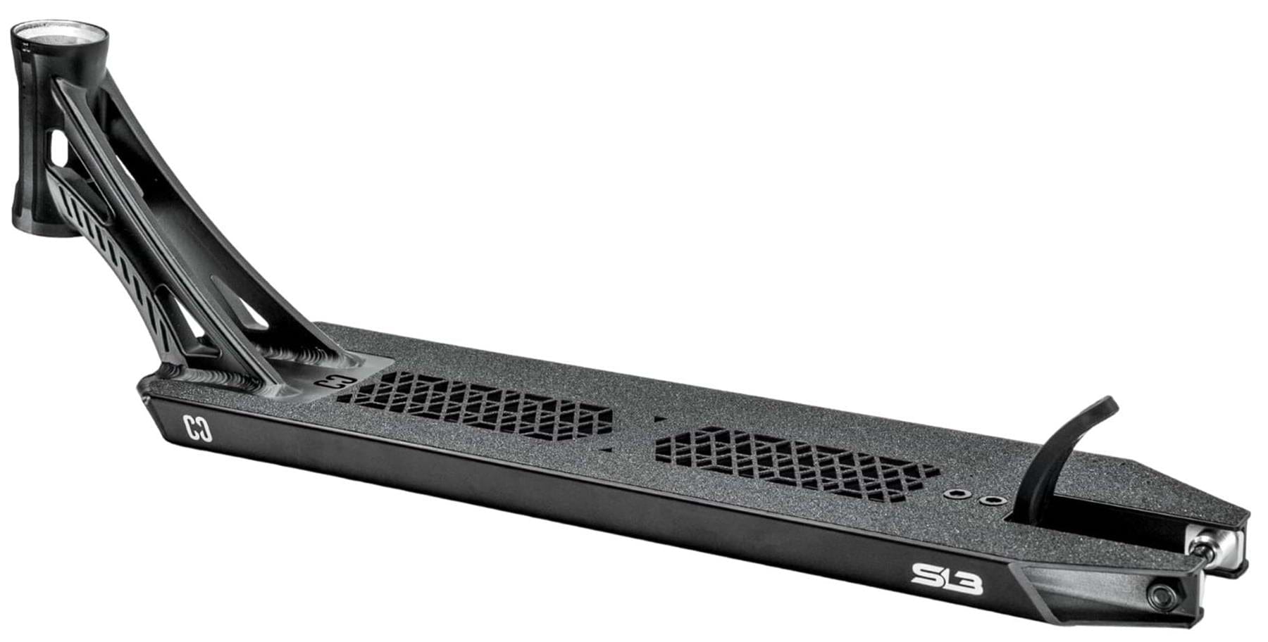 The CORE SL3 Forged Black Stunt Scooter Deck (5.25" x 19.3"/20.5") by CORE features textured grip tape, hexagonal center cutouts, an angular headtube, and "CO" and "SL3" graphics on the side for a sleek park look.