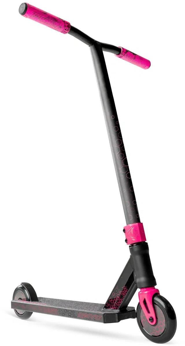 The Madd Gear Viral Rave Complete Stunt Scooter - Melon by MGP features a black frame with pink accents and handle grips. The kids stunt scooter is shown angled on a white background.