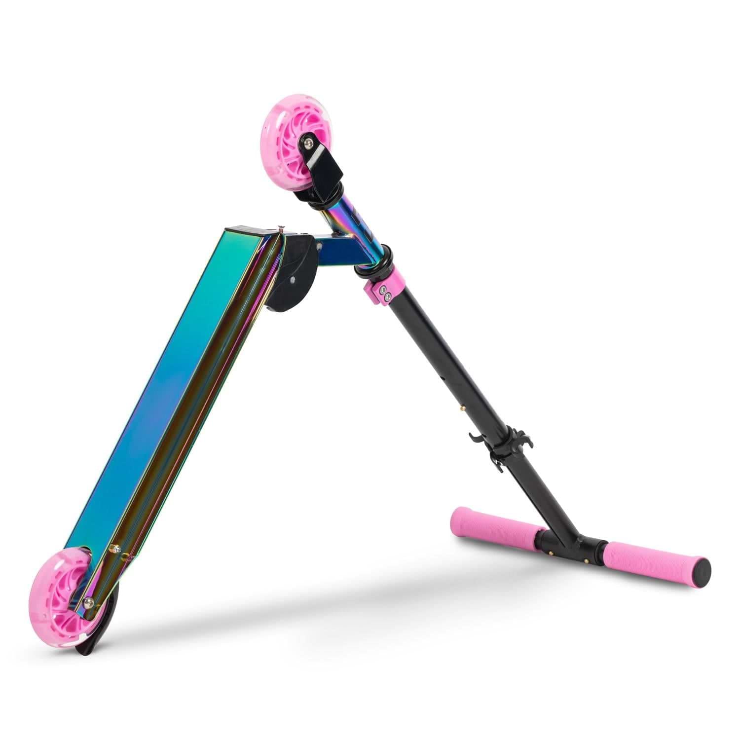 The Rampage Light Up Foldable Kick Scooter - Neochrome / Pink shown folded.