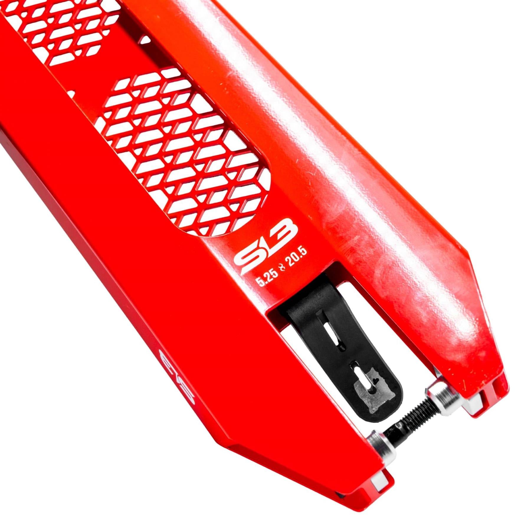 Close-up of the CORE SL3 Forged Candy Red Stunt Scooter Deck (5.25" x 19.3"/20.5") with hexagonal cutouts, black adjustable component, and visible bolts—ideal for any stunt scooter deck setup.