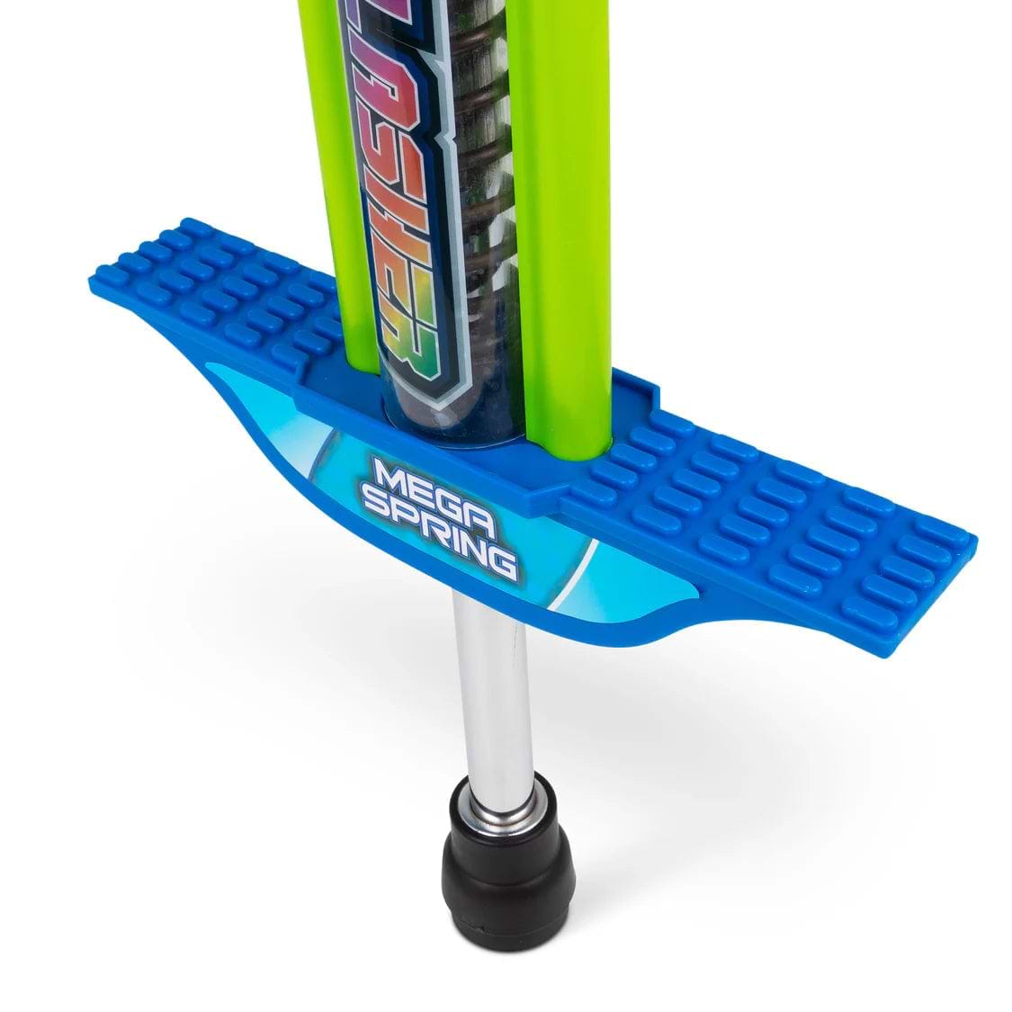 Close-up of the Ozbozz Go Light Up Kids 89cm Pogo Stick’s blue footrests, visible metal spring, and black rubber tip—by Ozbozz—perfect for active play with light-up fun.