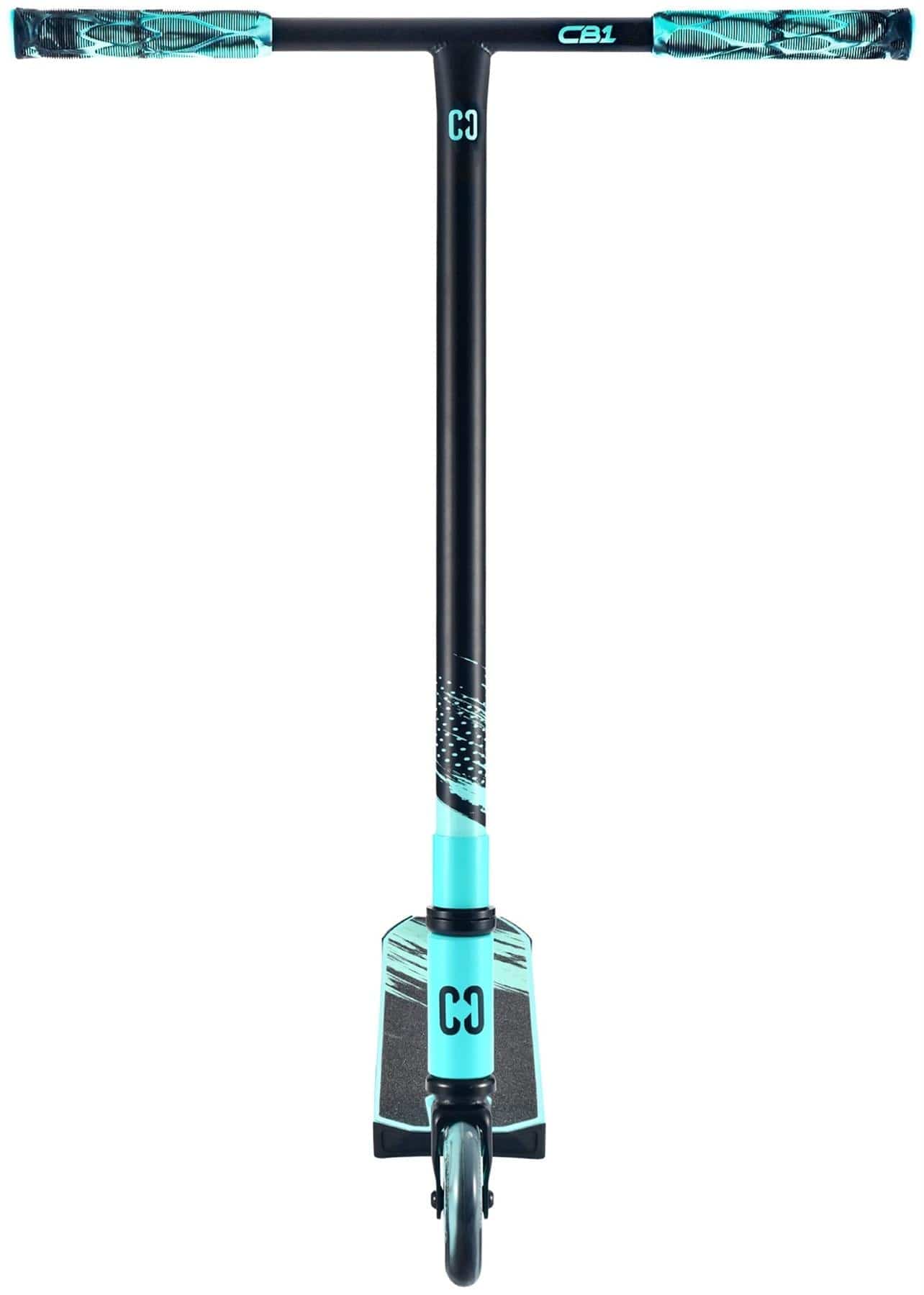 The CORE CB1 Beginner Complete Stunt Scooter in teal and black features a T-shaped handlebar, single front wheel, and bold CORE branding—an ideal choice for beginners.