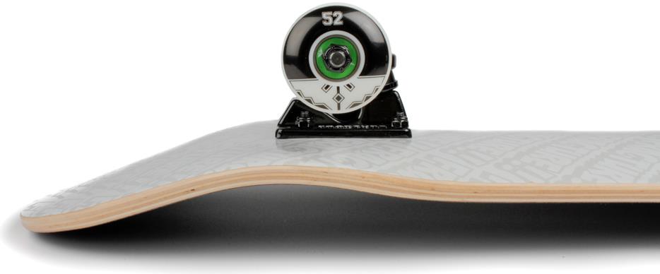 Close-up side view of the Fracture All Over Comic White Complete Skateboard (8.25" x 31.75") by Fracture, showing its layered Canadian maple deck and a wheel with green hub—ideal for beginners.