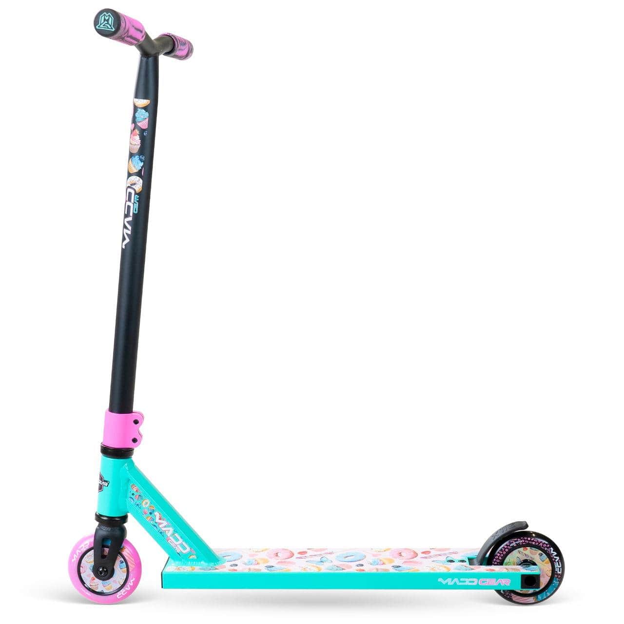 The Madd Gear MG 2 Obsidian Complete Stunt Scooter - Sugar Rush features a black handlebar, pink grips, turquoise deck with a doughnut pattern, and pink wheels—perfect for kids aged 5+. Brand: Madd Gear (MGP).