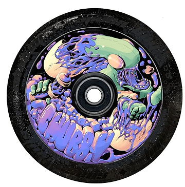 A vibrant, psychedelic design on the Chubby Baby Alien Purple 110mm Hollowcore Stunt Scooter Wheel showcases a melting green and purple creature with exaggerated features gripping the rim. The word "CHUBBY" prominently appears in purple letters at the bottom, reminiscent of these distinctive wheels.