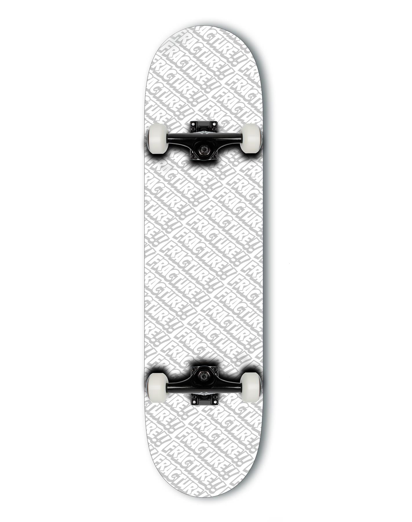 The Fracture All Over Comic White Complete Skateboard (8.25" x 31.75") by Fracture features a white Canadian maple deck covered in bold "FRAGILE" text, silver trucks, and white wheels.