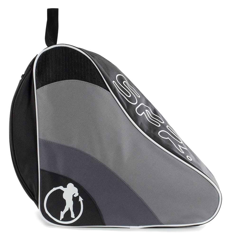 Introducing the SFR Ice & Skate Bag II in a sleek black and gray design, brought to you by SFR. This triangular sports bag is perfect for carrying your ice skates, featuring a top zipper and a convenient handle. Adorned with the silhouette of a martial artist and accented with white text on the side, it's crafted from water-resistant material for enhanced durability.