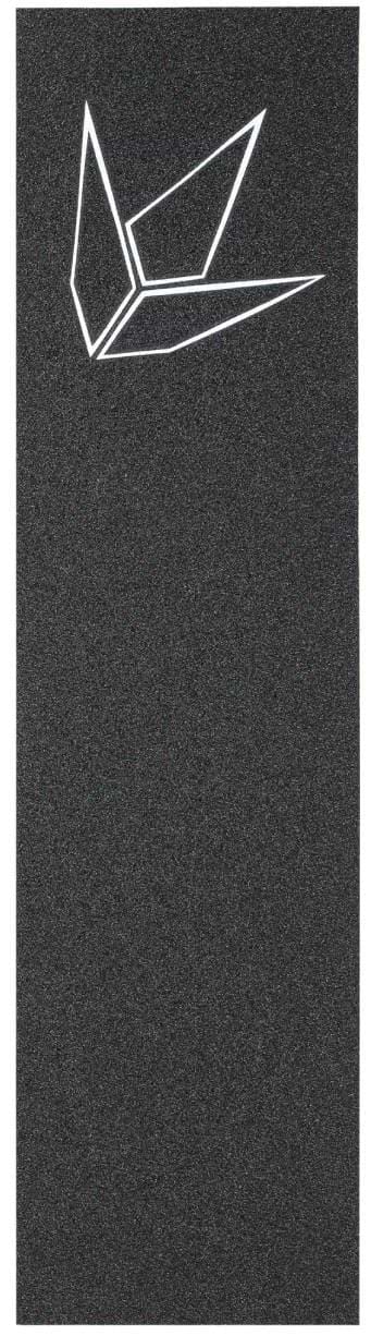 The Blunt Envy High Grit Stunt Scooter Griptape features a minimalist design with a white geometric graphic resembling an angular leaf on a textured black background.