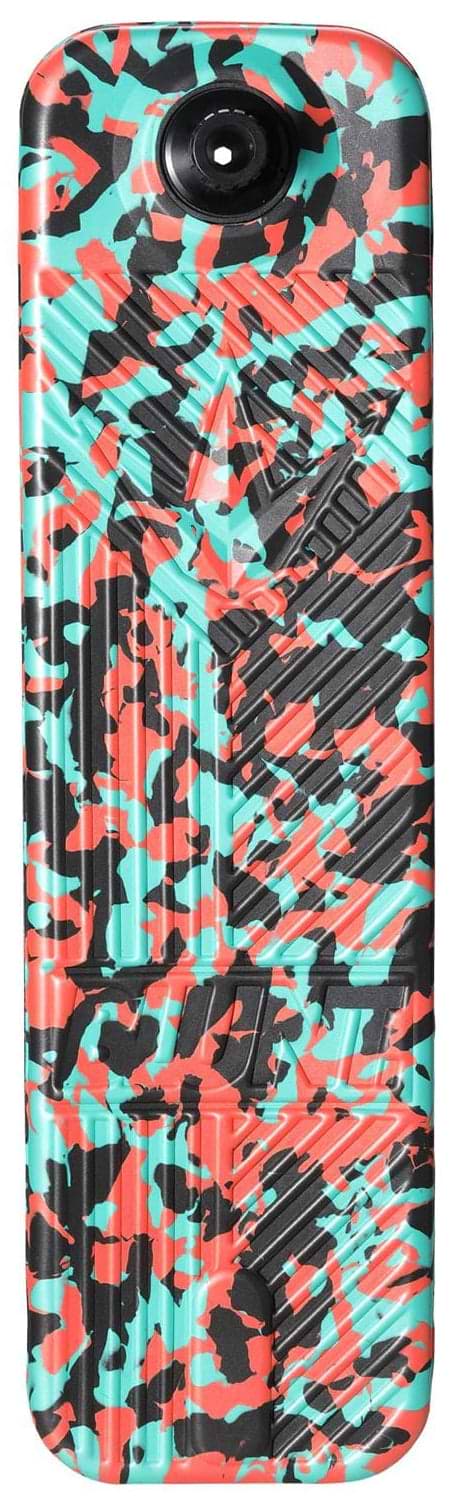 A vibrant camera featuring a cylindrical shape and a striking camouflage pattern in red, teal, and black, reminiscent of the dynamic designs on the Blunt Envy TS Pro 6 Indoor Trampoline Stunt Scooter in Teal Camo.