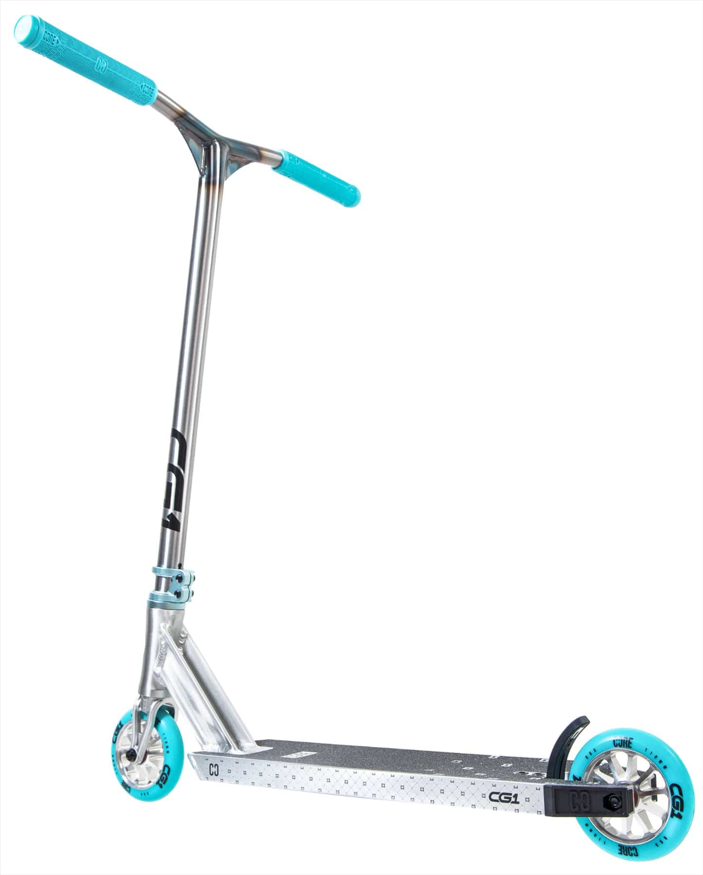The CORE CG1 Complete Stunt Scooter by CORE features a raw and teal colorway with a textured deck for grip, turquoise accents, and a lightweight, minimalist design—perfect for beginners. Shown here against a white background.